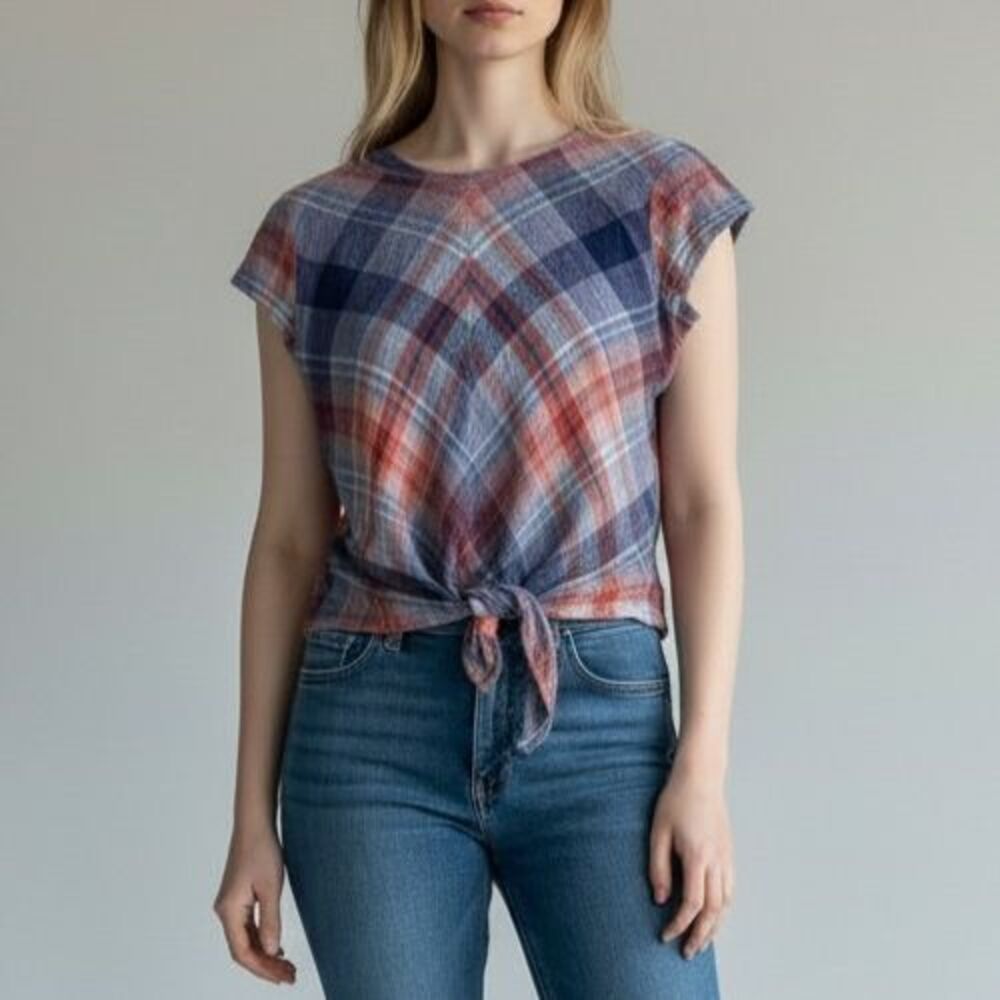 Cloth & Stone Plaid Tie Front Gauze Crop Top Women Small Blue Rust Cap Sleeve